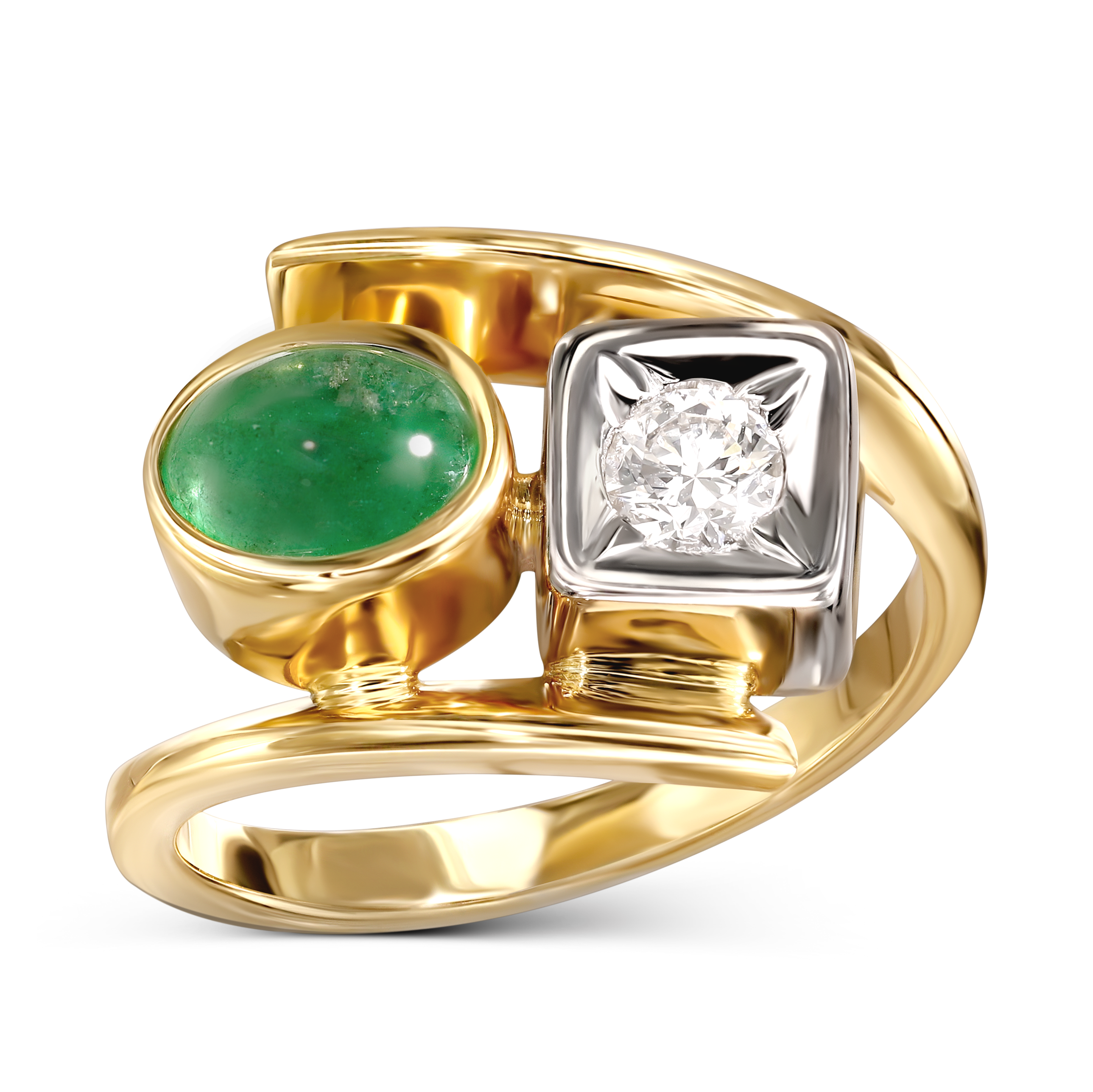 Pierścionek złoty vintage ze szmaragdem i diamentem naturalnym 0,27 ct, próba 585