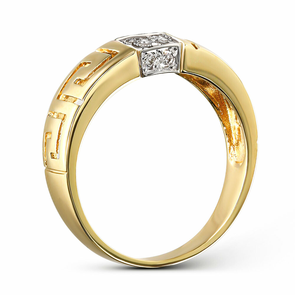 Pierścionek złoty z greckim meandrem, ozdobiony białymi cyrkoniami, rozmiar 17, próba 585