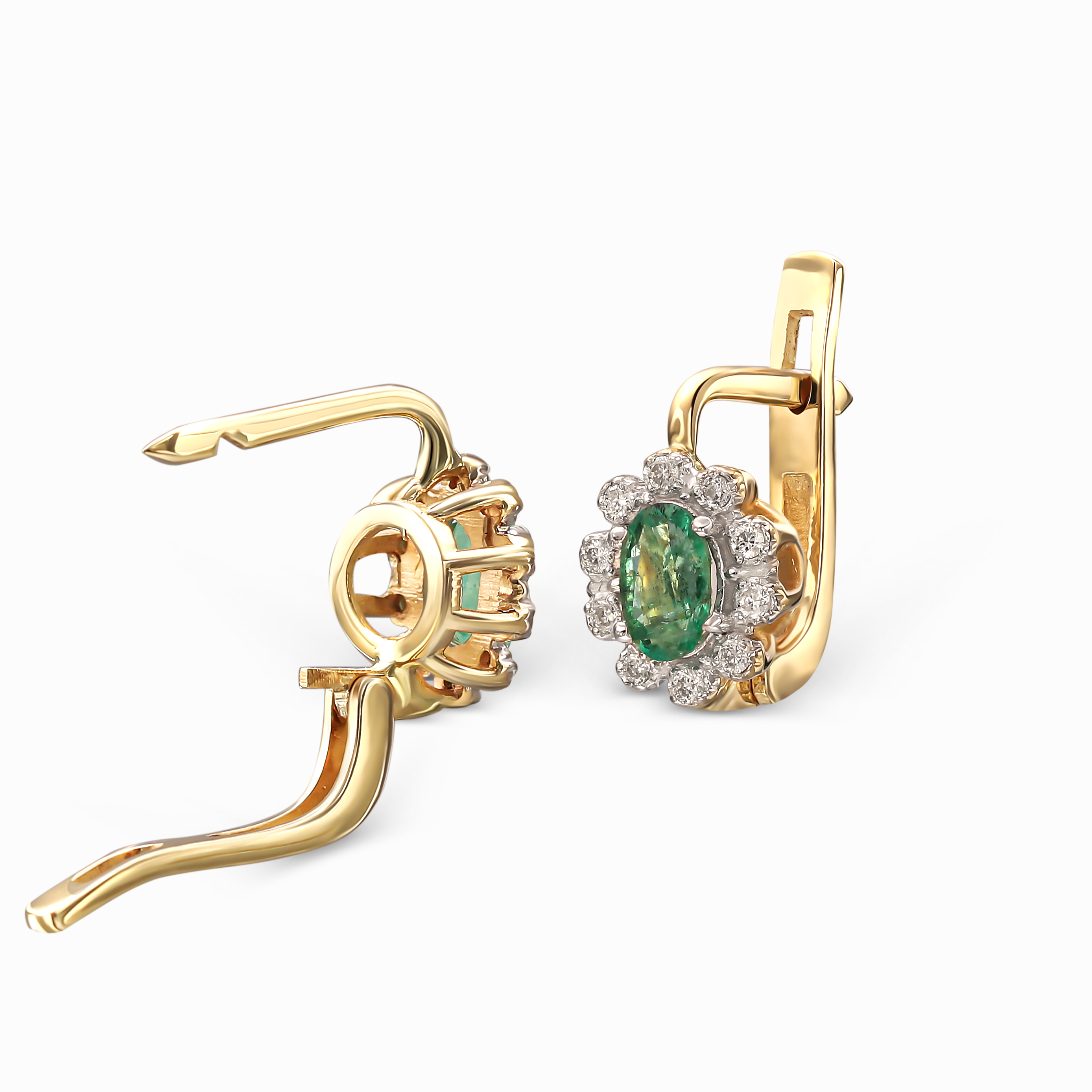 Złote kolczyki ze szmaragdami i otokiem z diamentów naturalnych, próba 585