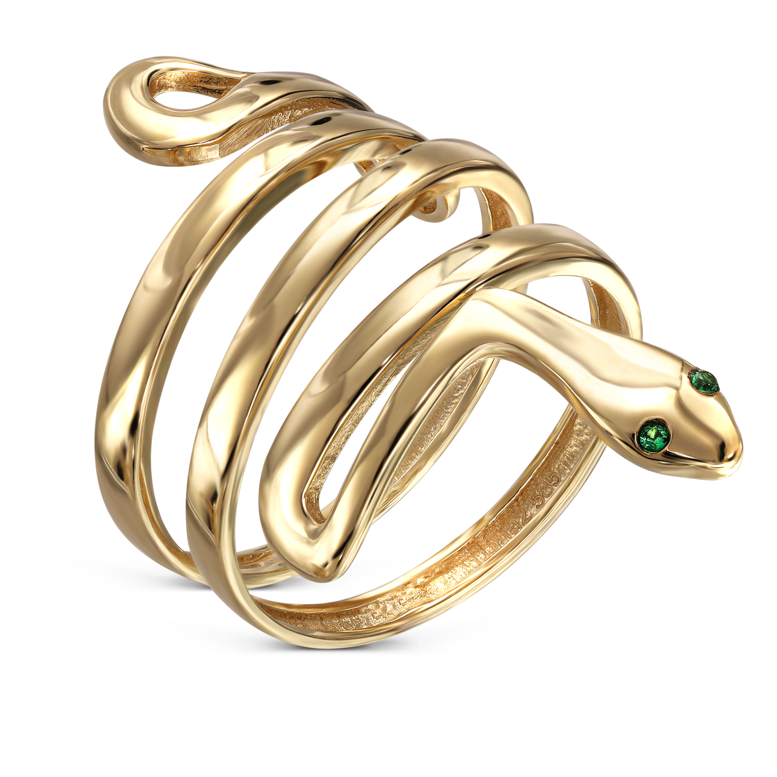 Pierścionek złoty wąż z zielonymi cyrkoniami, rozmiar 14, próba 585