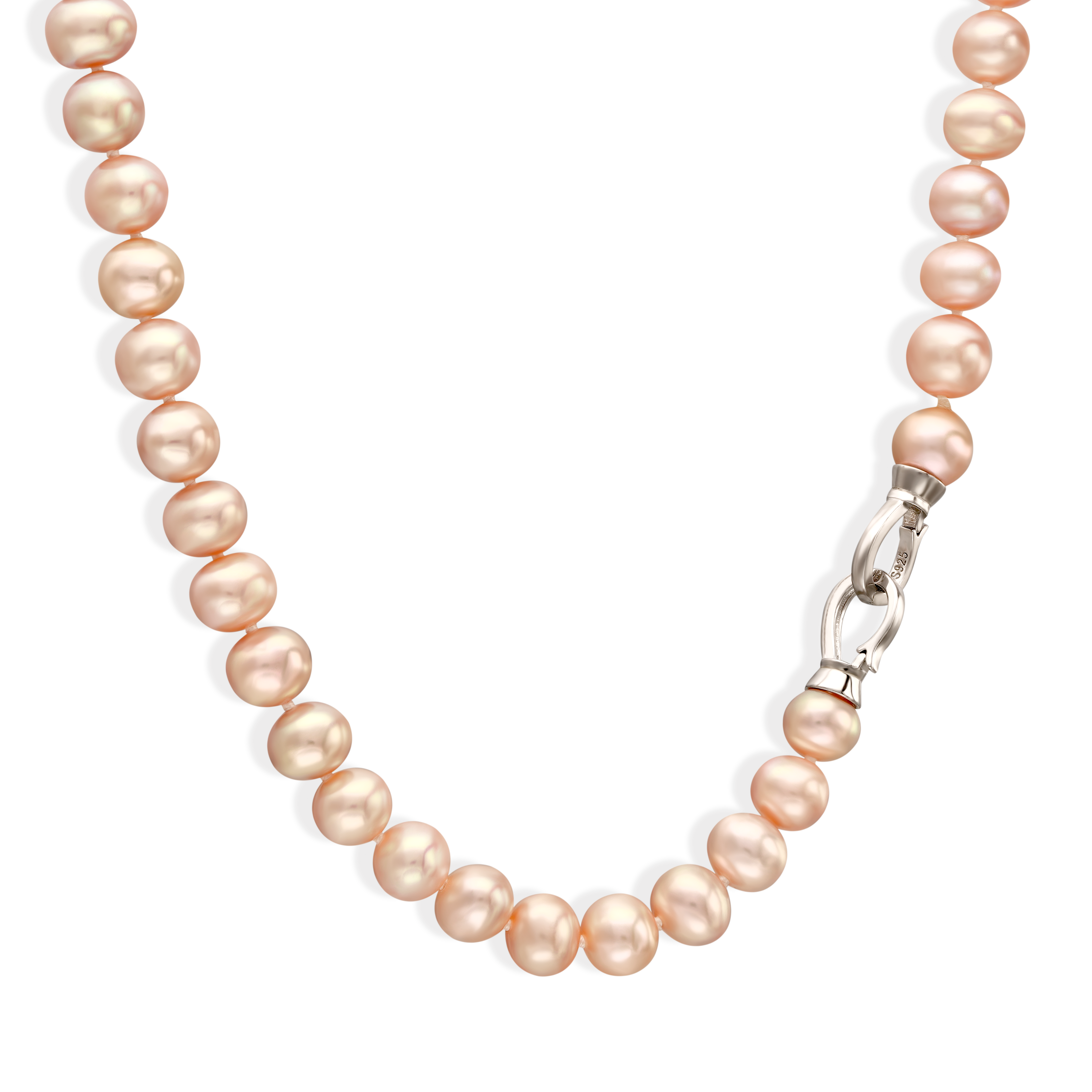 Naszyjnik z różowych pereł hodowanych i ozdobnym srebrnym zapięciem, próba 925