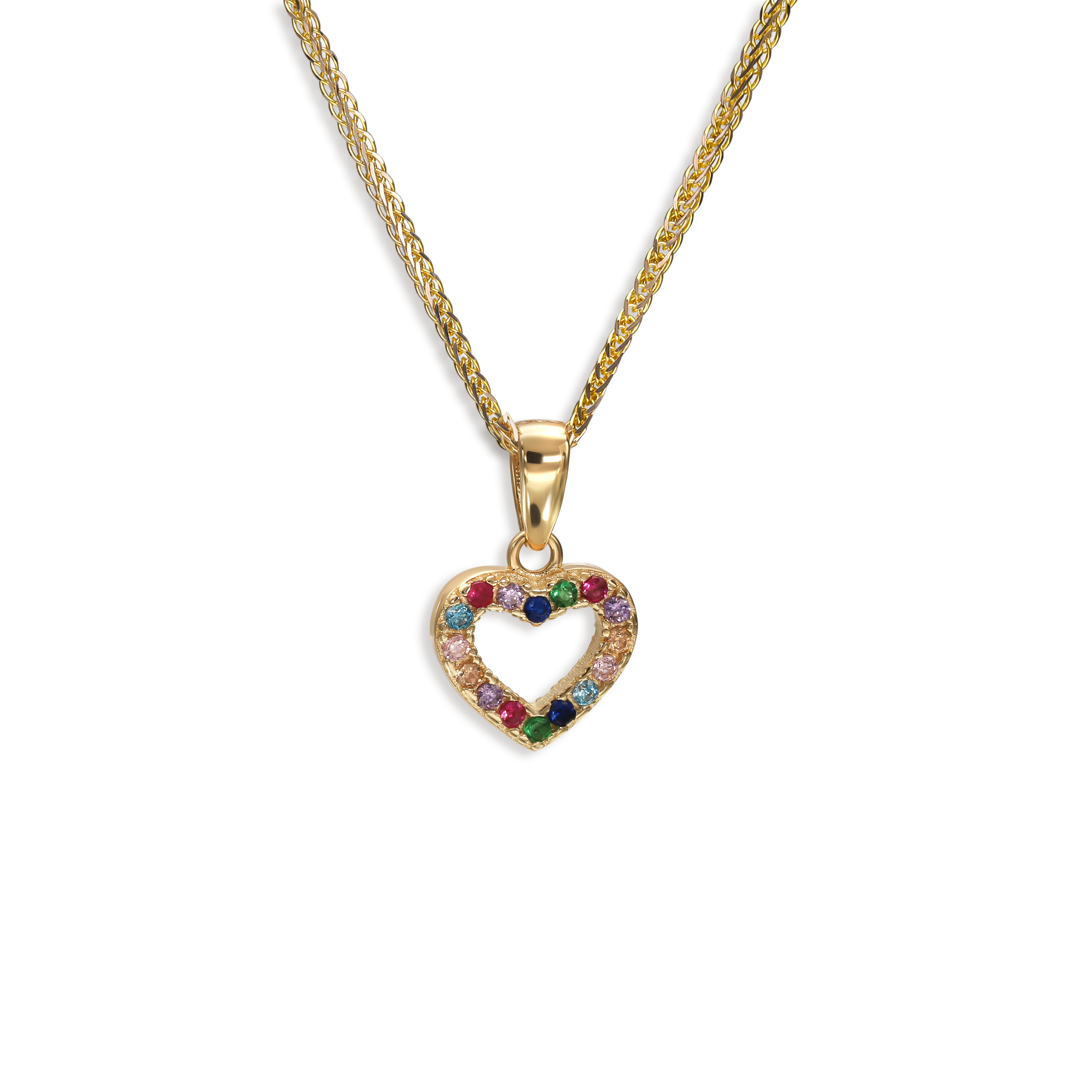 Dwustronna złota zawieszka w kształcie serca z kolorowymi cyrkoniami, próba 585