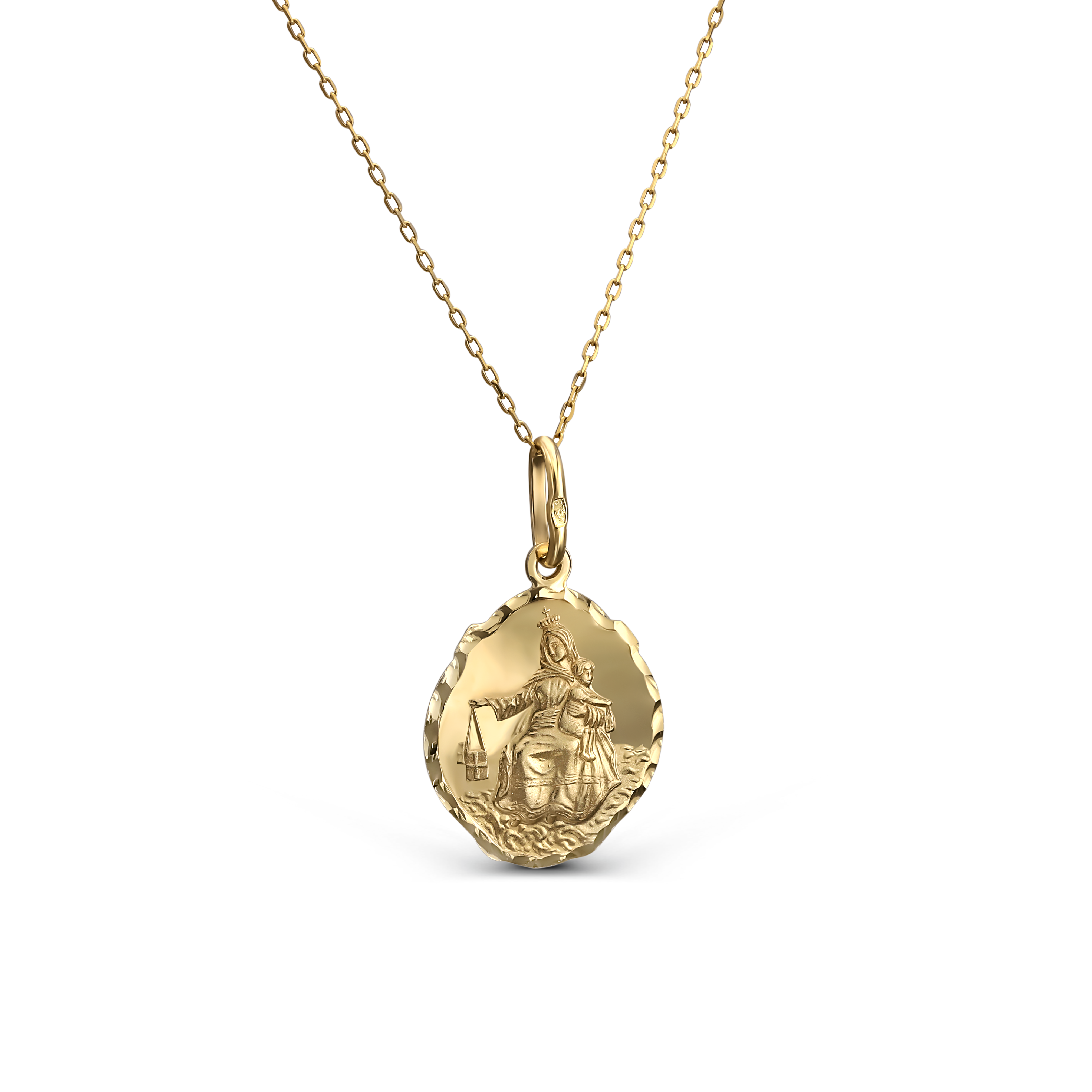 Dwustronny medalik złoty z wizerunkiem Matki Boskiej z Dzieciątkiem oraz Jezusa Chrystusa, próba 585