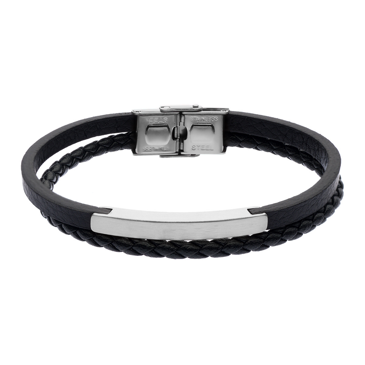 Męska podwójna, czarna bransoleta ze stalową blaszką