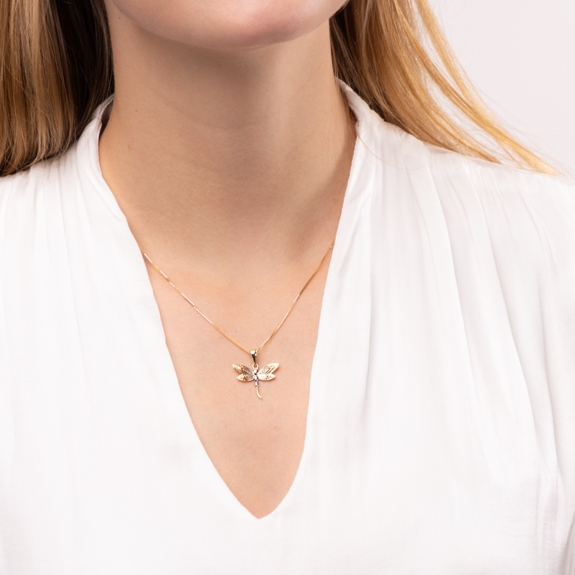 Zawieszka złota ważka z rodowanymi elementami, próba 585