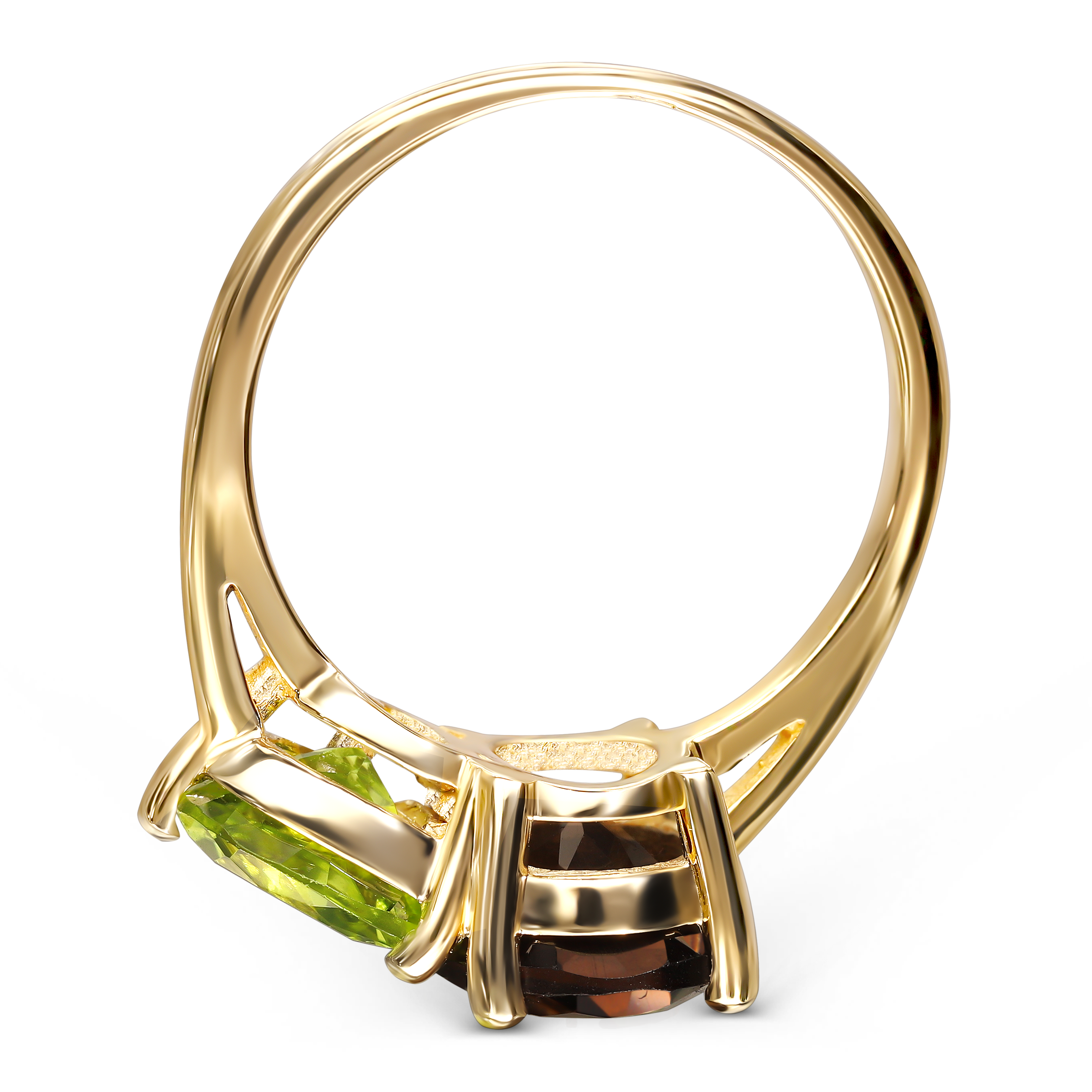 Pierścionek złoty vintage z kwarcem dymnym i oliwinem naturalnym, próba 585