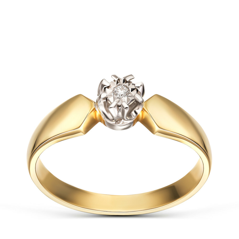 Nowoczesny pierścionek złoty zaręczynowy z brylantem 0.015 ct w koronie z białego złota, próba 585