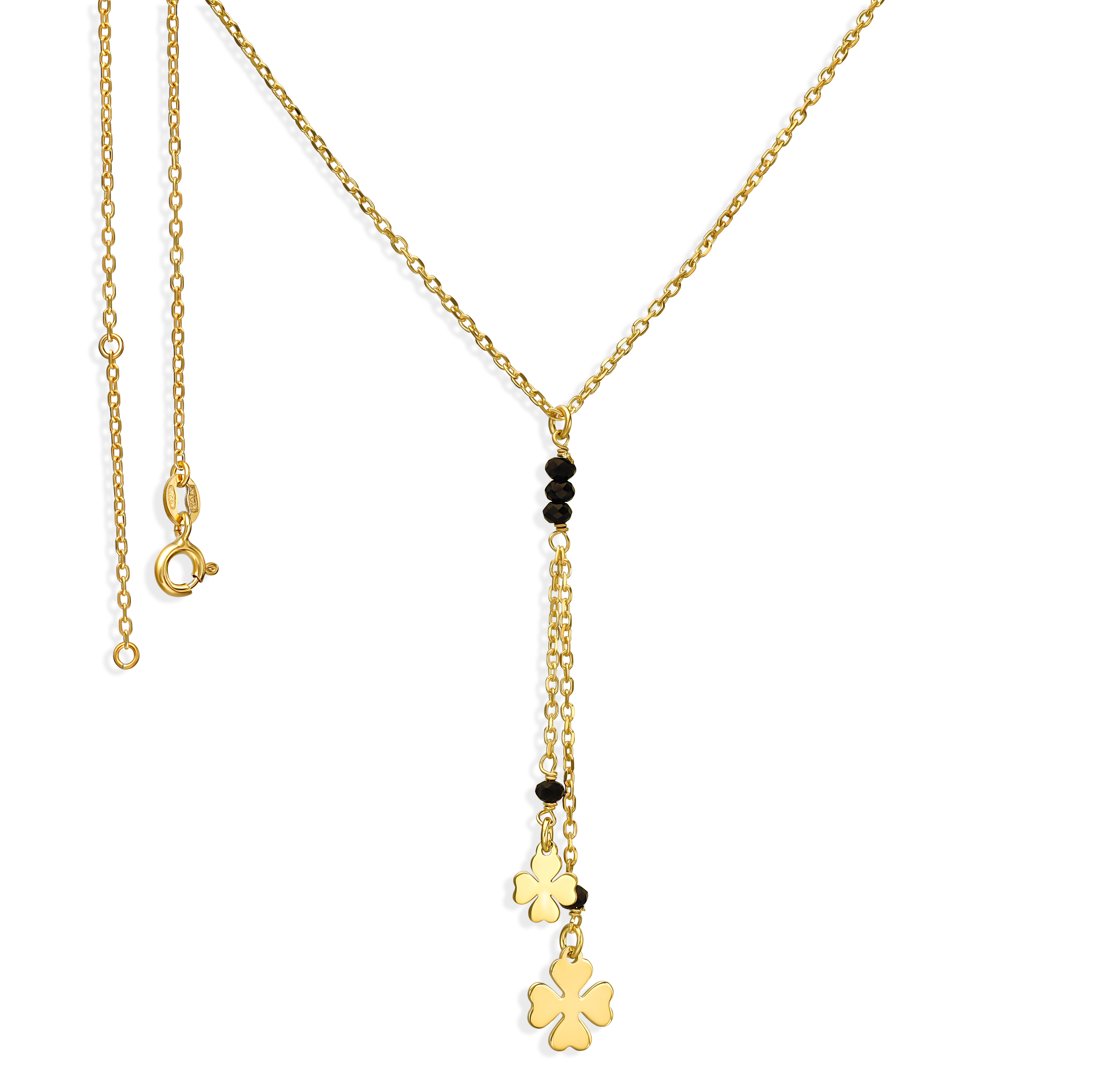 Naszyjnik krawatka z koniczynkami ze srebra pozłacanego, próba 925