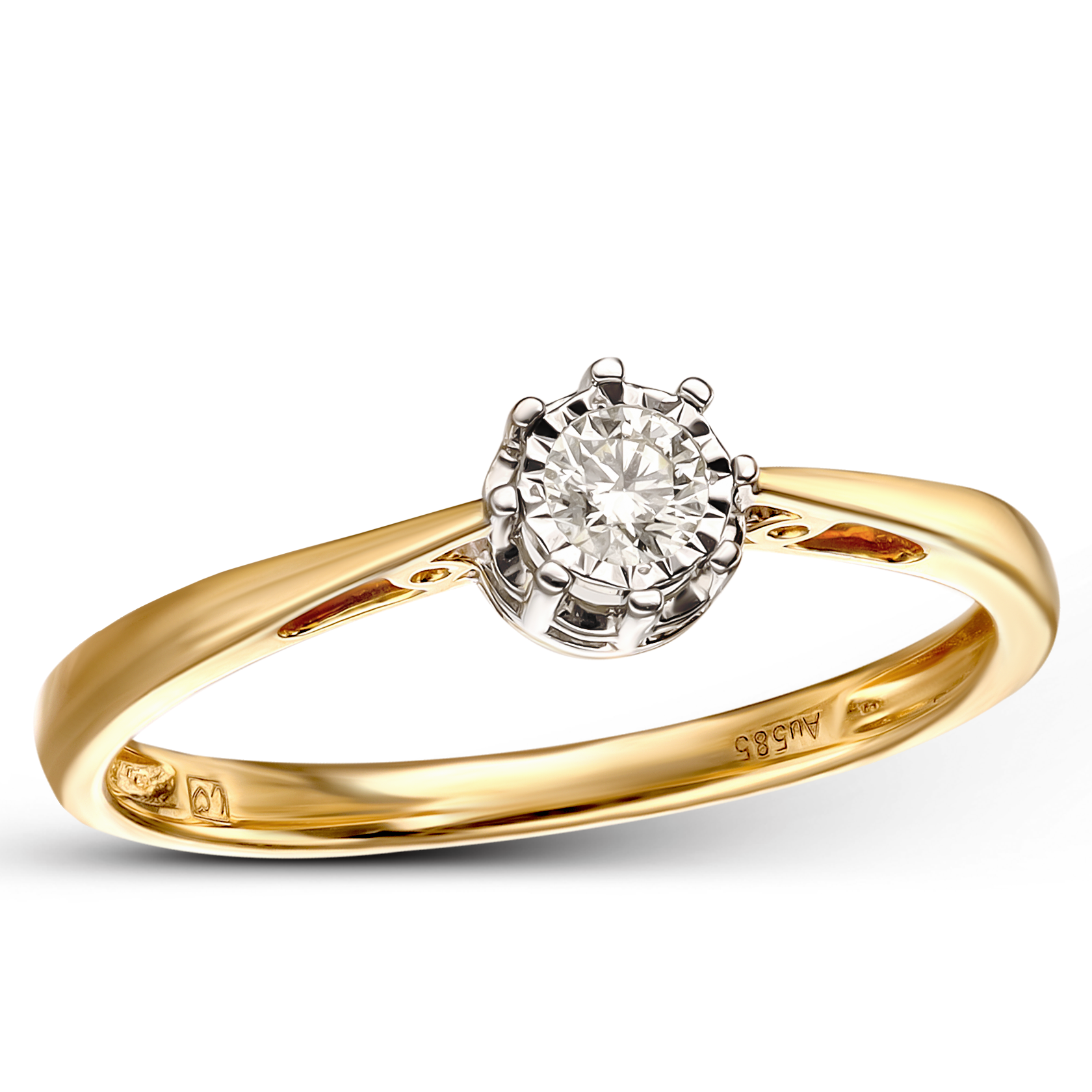 Pierścionek złoty z diamentem naturalnym 0,16 ct w koronie z białego złota, próba 585