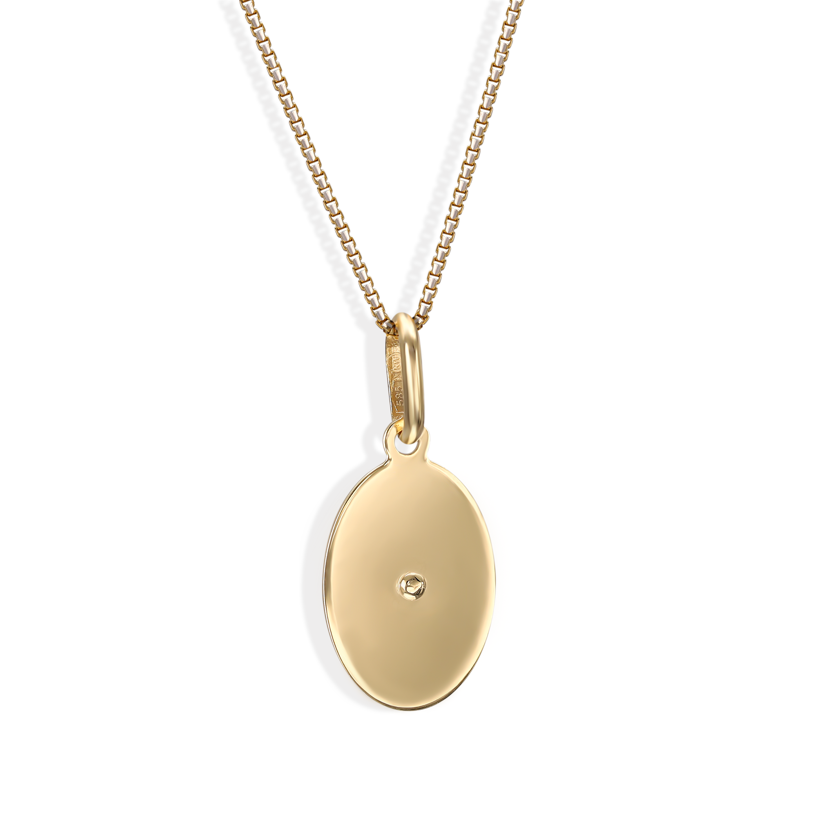 Złoty medalik w eliptycznym kształcie z wizerunkiem Matki Boskiej Częstochowskiej w dekoracyjnej ramce, próba 585