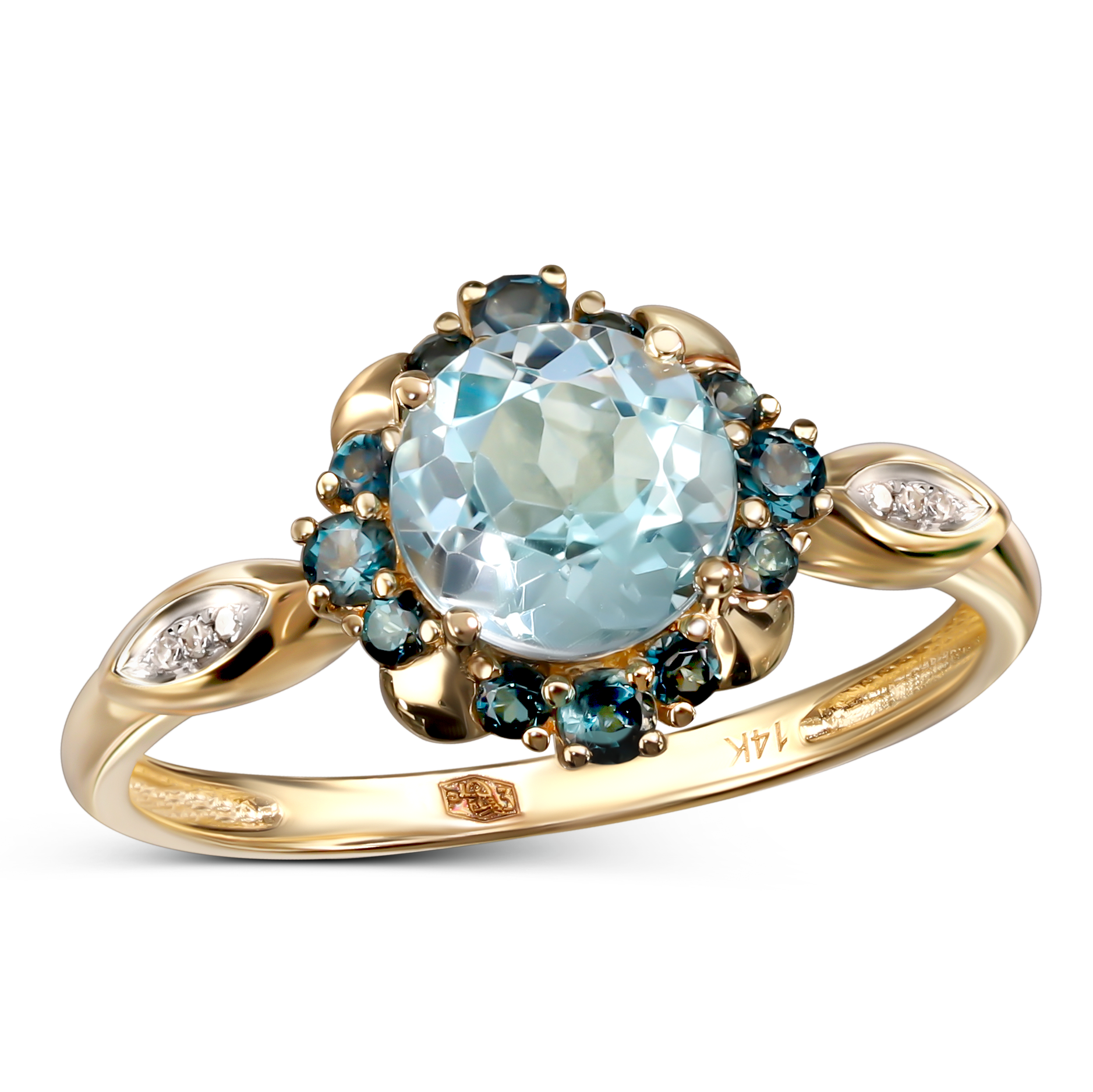 Pierścionek złoty z topazami oraz diamentami, próba 585