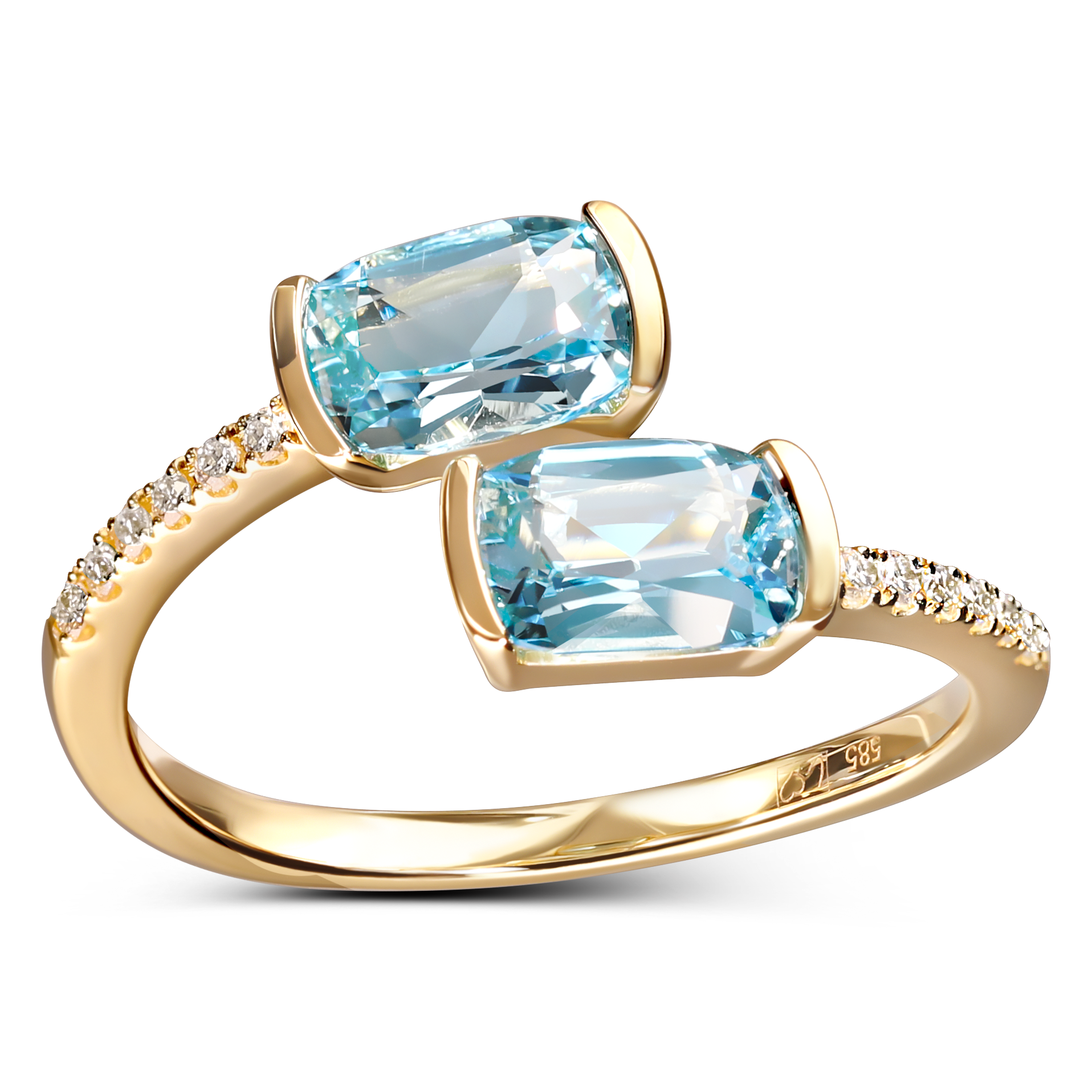 Pierścionek złoty z topazami błękitnymi 1.85 ct i diamentami naturalnymi, próba 585