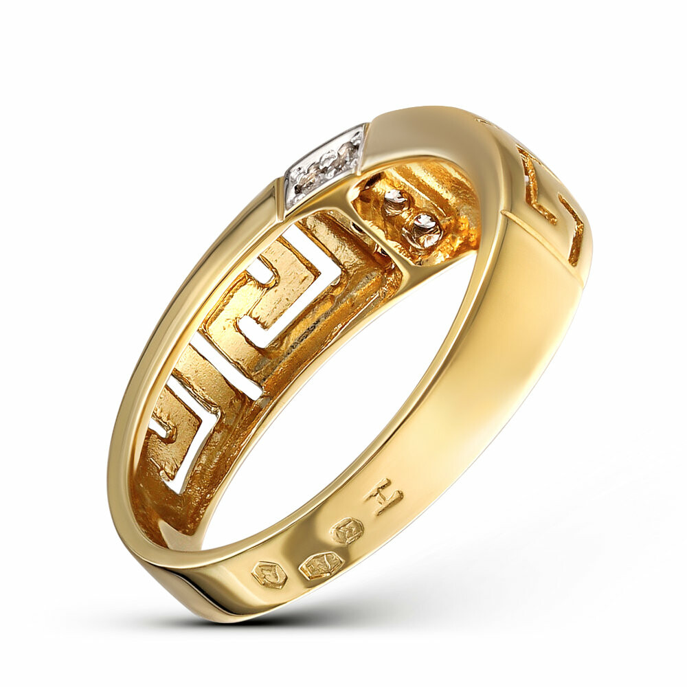 Pierścionek złoty z greckim meandrem, ozdobiony białymi cyrkoniami, rozmiar 17, próba 585