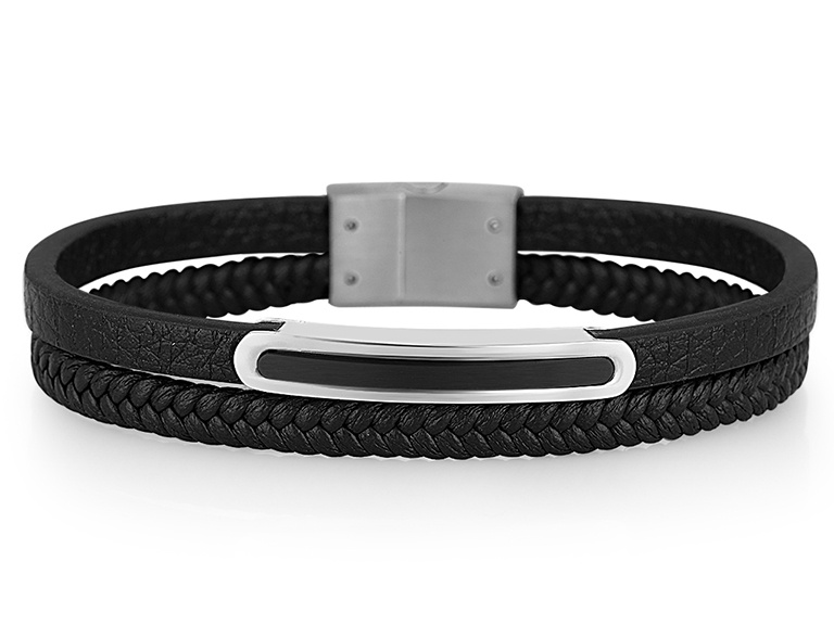 Czarna bransoleta męska ze skóry i stalową blaszką