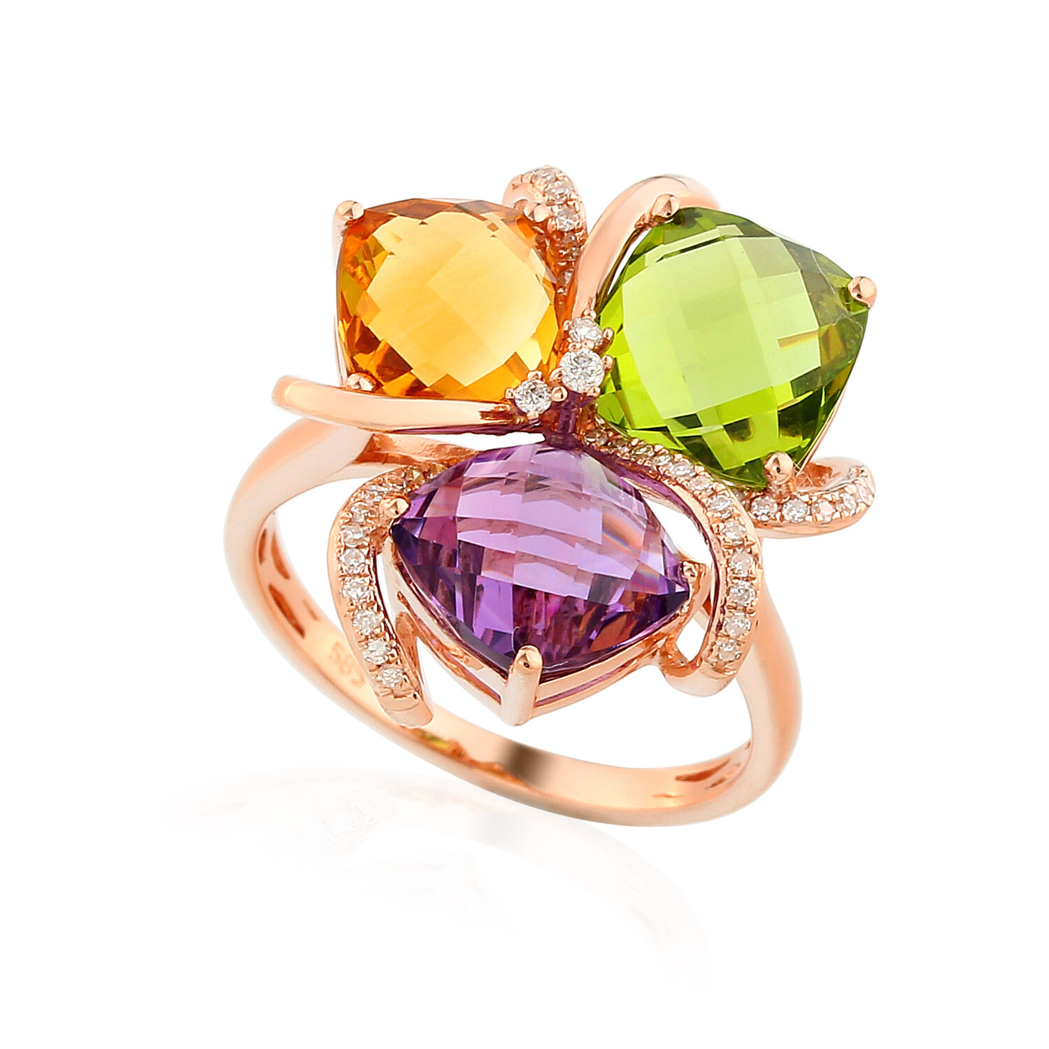 Pierścionek z ametystem, cytrynem i oliwinem, próba 585