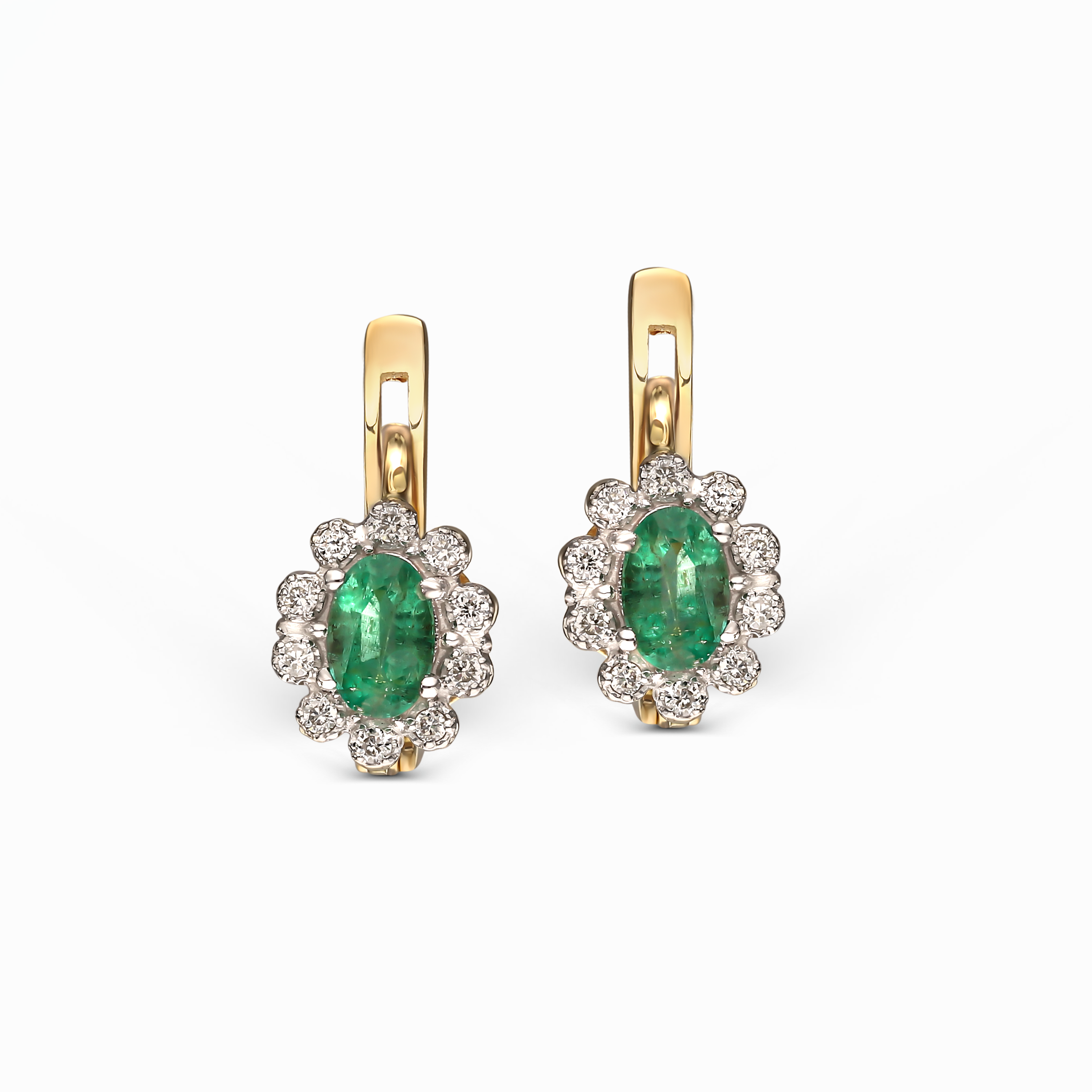 Złote kolczyki ze szmaragdami i otokiem z diamentów naturalnych, próba 585 Złote kolczyki ze szmaragdami i otokiem z diamentów naturalnych, próba 585