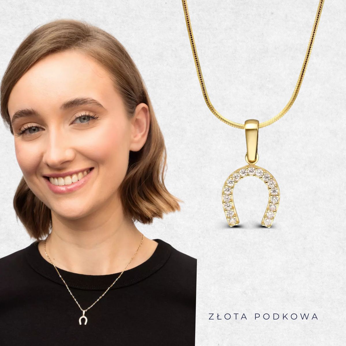 Dziewczyna ze złotym naszyjnikiem podkowa z cyrkoniami