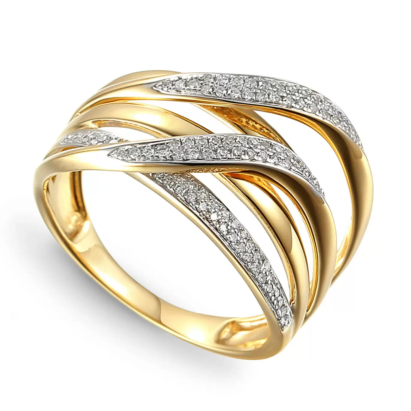 Złoty szeroki pierścionek plecionka z diamentami naturalnymi 0.21 ct, rozmiar 22, próba 585