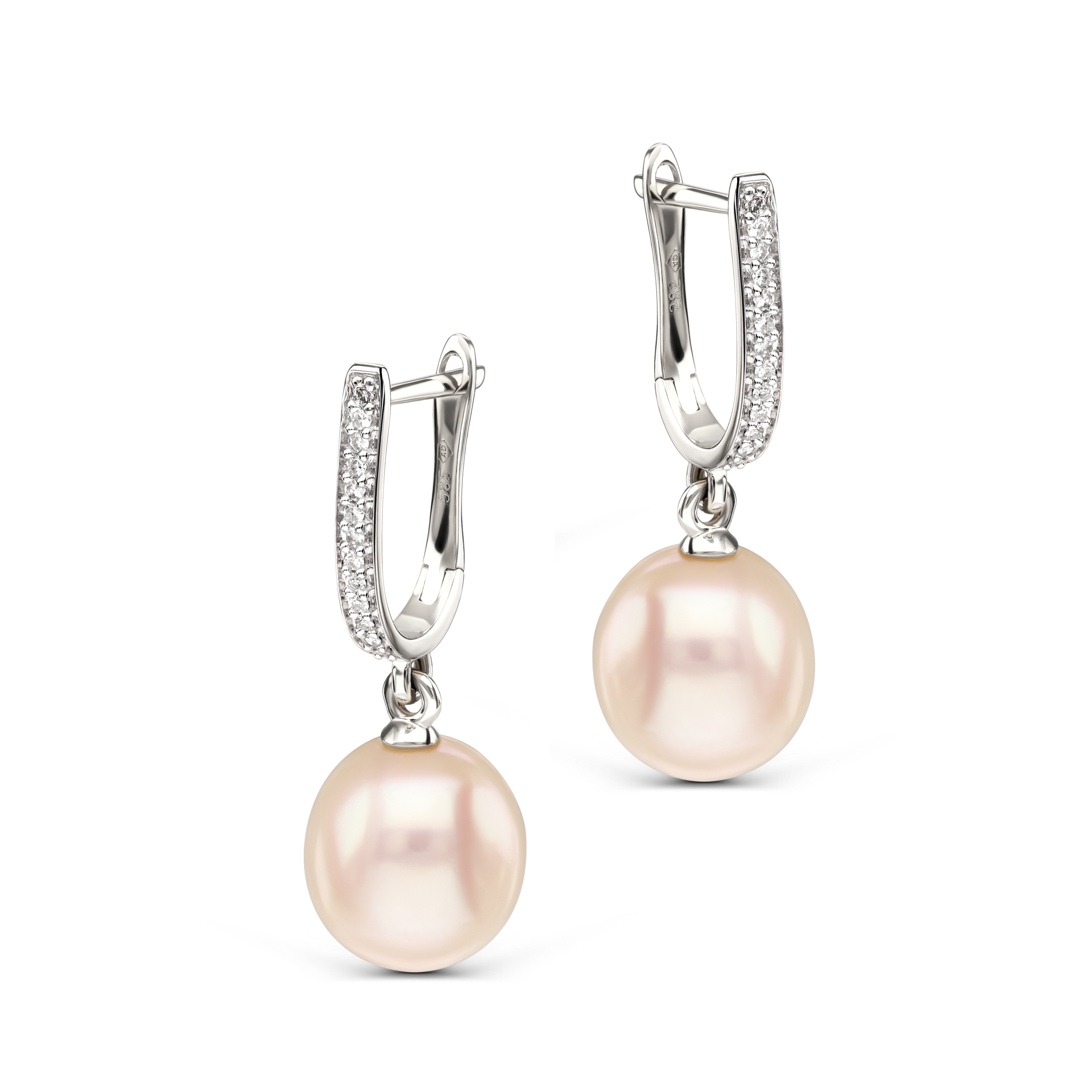 Kolczyki z białego złota z perłą hodowaną i diamentami naturalnymi, zapięcie angielskie, próba 585 Kolczyki z białego złota z perłą hodowaną i diamentami naturalnymi, zapięcie angielskie, próba 585