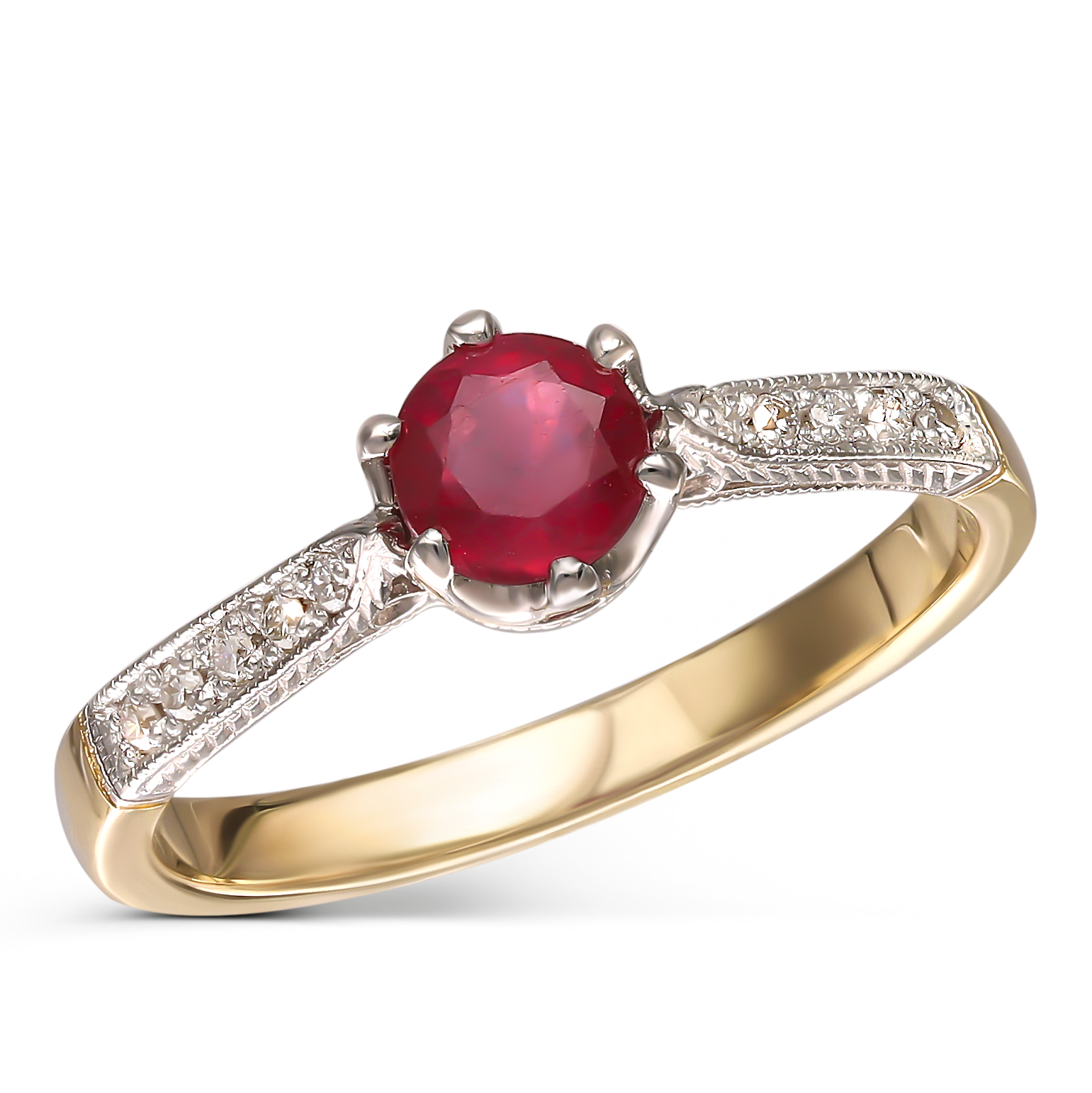 Pierścionek złoty z diamentami naturalnymi 0.10 ct i rubinem, rozmiar 14, próba 585