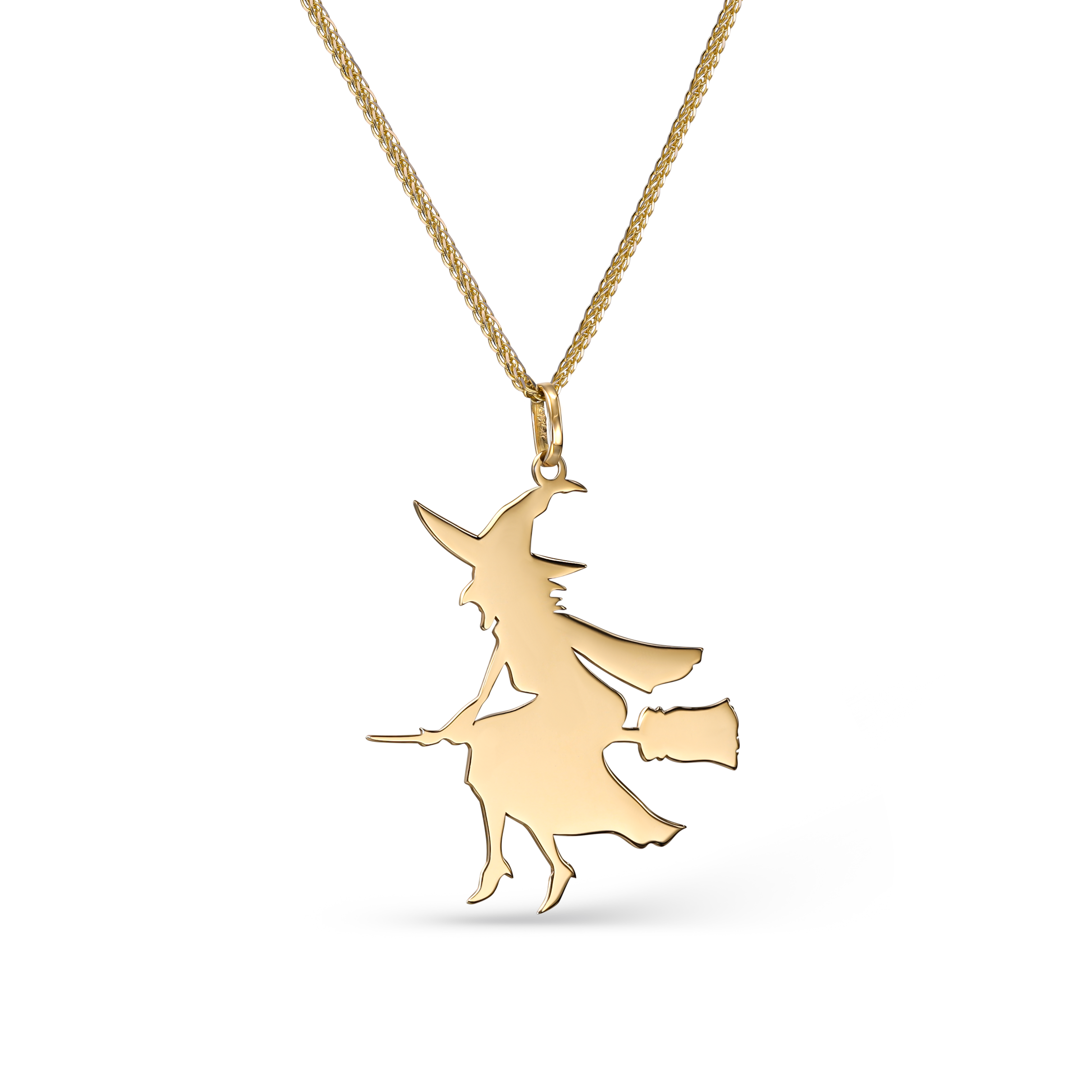 Zawieszka złota czarownica na miotle, pełne złoto, próba 585